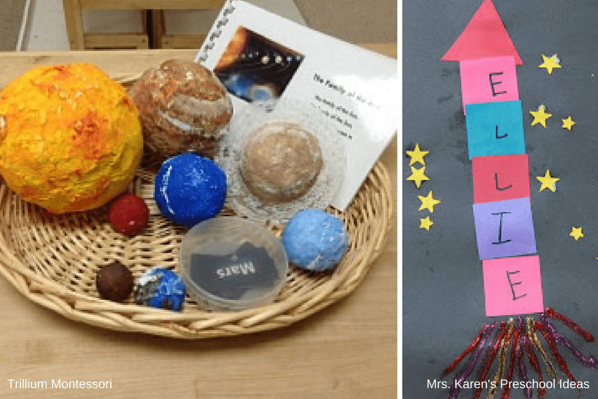 Ideas for a preschool space unit- solar system and rocket name building